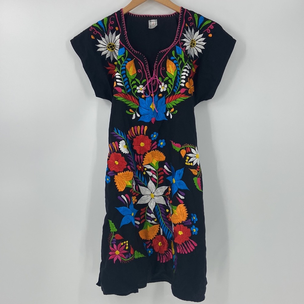 Black cotton dress multi color embroidery womens boho summer
